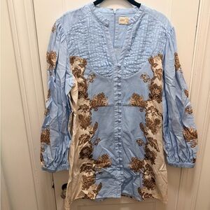 Blue and Brown Floral Button-Down Blouse